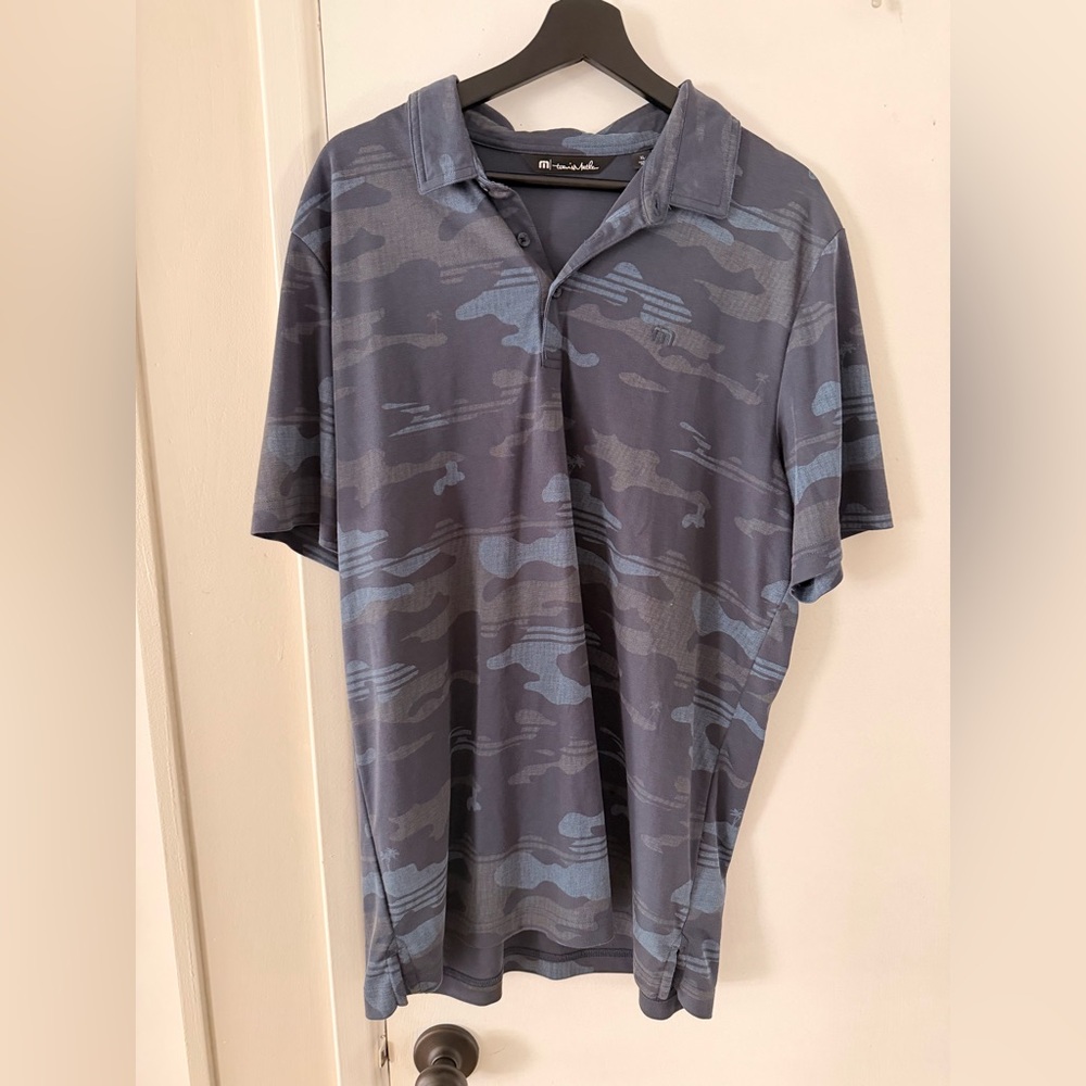 Travis Mathew Men’s Navy and Light Blue Camo Polo